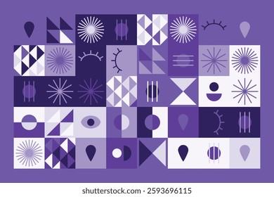 A visually striking abstract geometric pattern with eye symbols, teardrops, and dynamic shapes in shades of purple. The structured yet playful design blends symmetry, repetition, and modern aesthetics