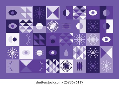 A visually striking abstract geometric pattern with eye symbols, teardrops, and dynamic shapes in shades of purple. The structured yet playful design blends symmetry, repetition, and modern aesthetics