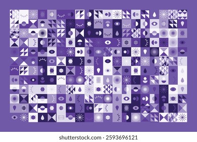 A visually striking abstract geometric pattern with eye symbols, teardrops, and dynamic shapes in shades of purple. The structured yet playful design blends symmetry, repetition, and modern aesthetics