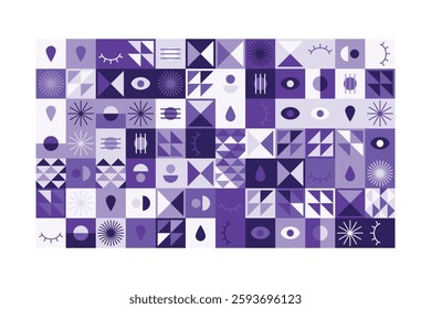 A visually striking abstract geometric pattern with eye symbols, teardrops, and dynamic shapes in shades of purple. The structured yet playful design blends symmetry, repetition, and modern aesthetics