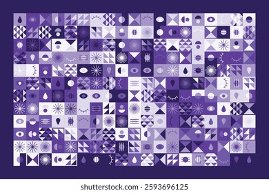 A visually striking abstract geometric pattern with eye symbols, teardrops, and dynamic shapes in shades of purple. The structured yet playful design blends symmetry, repetition, and modern aesthetics