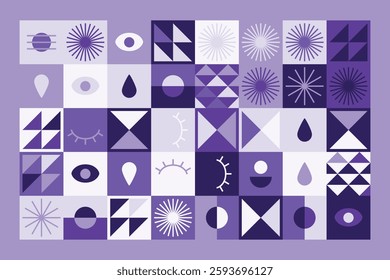 A visually striking abstract geometric pattern with eye symbols, teardrops, and dynamic shapes in shades of purple. The structured yet playful design blends symmetry, repetition, and modern aesthetics