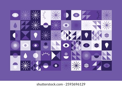 A visually striking abstract geometric pattern with eye symbols, teardrops, and dynamic shapes in shades of purple. The structured yet playful design blends symmetry, repetition, and modern aesthetics