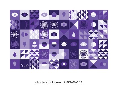 A visually striking abstract geometric pattern with eye symbols, teardrops, and dynamic shapes in shades of purple. The structured yet playful design blends symmetry, repetition, and modern aesthetics