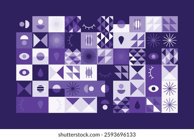 A visually striking abstract geometric pattern with eye symbols, teardrops, and dynamic shapes in shades of purple. The structured yet playful design blends symmetry, repetition, and modern aesthetics