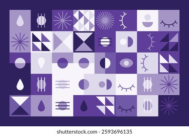 A visually striking abstract geometric pattern with eye symbols, teardrops, and dynamic shapes in shades of purple. The structured yet playful design blends symmetry, repetition, and modern aesthetics