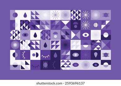 A visually striking abstract geometric pattern with eye symbols, teardrops, and dynamic shapes in shades of purple. The structured yet playful design blends symmetry, repetition, and modern aesthetics