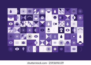 A visually striking abstract geometric pattern with eye symbols, teardrops, and dynamic shapes in shades of purple. The structured yet playful design blends symmetry, repetition, and modern aesthetics