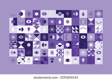 A visually striking abstract geometric pattern with eye symbols, teardrops, and dynamic shapes in shades of purple. The structured yet playful design blends symmetry, repetition, and modern aesthetics