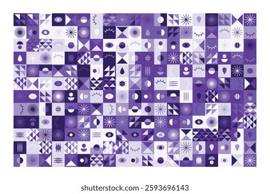 A visually striking abstract geometric pattern with eye symbols, teardrops, and dynamic shapes in shades of purple. The structured yet playful design blends symmetry, repetition, and modern aesthetics