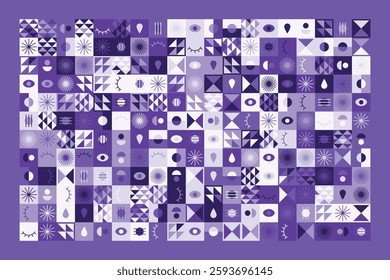 A visually striking abstract geometric pattern with eye symbols, teardrops, and dynamic shapes in shades of purple. The structured yet playful design blends symmetry, repetition, and modern aesthetics