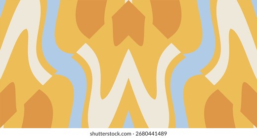 A visually striking abstract geometric pattern with flowing organic shapes and a retro color palette of warm yellows, soft blues, and cream.