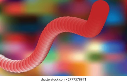 A visually striking abstract graphic featuring a continuous S-shaped curve made of overlapping, gradient-shaded red circles. The background is a soft, multi-colored neon blur.