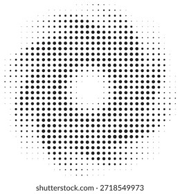 Um padrão de pontos de meio-tom abstrato impressionante visualmente, apresentando um efeito de gradiente radial que cria uma sensação de profundidade e movimento.