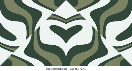 A visually striking abstract pattern featuring flowing lines and geometric shapes in shades of green and white.