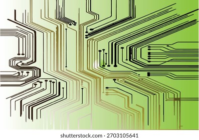 A visually striking abstract representation of a printed circuit board (PCB), featuring intricate black and brown electrical traces on a smooth gradient background transitioning from white to green.