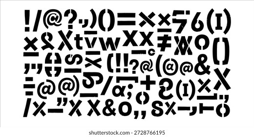 A visually striking arrangement of diverse typographic elements, including punctuation marks, letters, and mathematical symbols