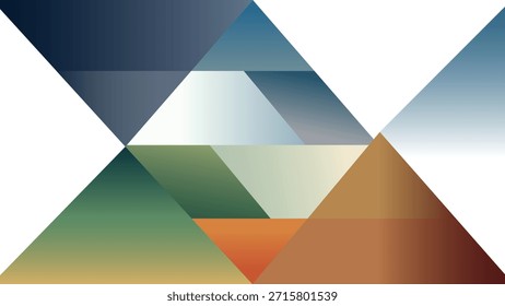 Una disposición visualmente llamativa de triángulos en capas en tonos de azul, verde, naranja y marrón, creando un patrón abstracto dinámico con ángulos precisos y transiciones de color suaves en un blanco limpio