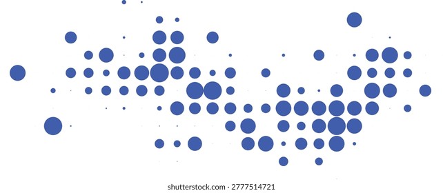A visually striking arrangement of numerous blue dots in different sizes, dispersed randomly against a clean and simple white background, creating a dynamic and modern composition