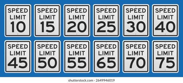 A visually striking array of speed limit signs, ranging from 10 to 75 mph, set against a vibrant blue background, highlighting the importance of road safety and traffic regulations.