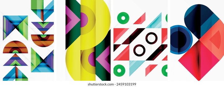 A visually striking art piece featuring rectangles, triangles, and circles in a vibrant magenta color on a white background, showcasing symmetry and patterns