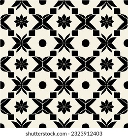 Visually striking black and white pattern, composed of geometric shapes, reminiscent of art deco design elements, suitable for patterned tilework or repeating fabric pattern.