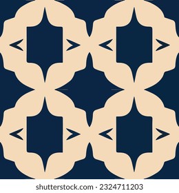El diseño geométrico de color azul y blanco es llamativo desde el punto de vista visual y muestra un patrón art deco, creando un patrón armónico y simétrico de tejido.