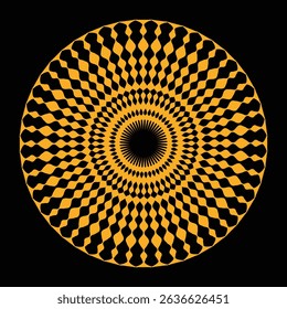 A visually striking circular design featuring a repeating pattern of black and gold wavy shapes, creating a hypnotic effect.