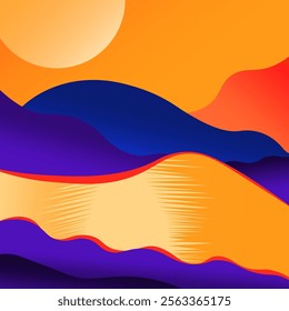 A visually striking composition featuring a vibrant gradient landscape with bold shapes and contrasting colors, evoking dynamic energy and surreal themes.