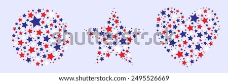 A visually striking design with red, white and electric blue stars forming geometric circle, star and heart shapes creating a bold and patriotic pattern. Perfect for an event or art project.