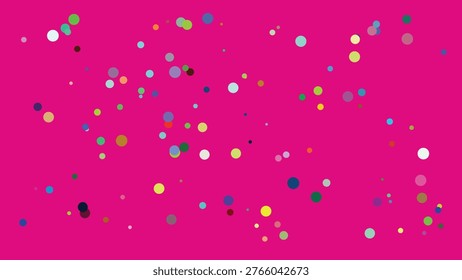 A visually striking digital composition featuring an array of small, multicolored circular dots scattered across a solid magenta backdrop. The dots vary in size and hue, creating a lively and dynamic.
