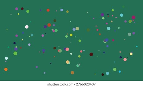 A visually striking digital composition showcasing an array of multicolored dots scattered randomly across a deep green backdrop. The dots vary in size and hue, creating a lively and dynamic abstract.