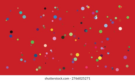 A visually striking digital composition showcasing an array of multicolored circular dots scattered across a solid red backdrop. The dots vary in size and hue, creating a dynamic and lively abstract.