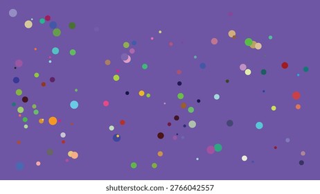 A visually striking digital composition showcasing an array of multicolored dots scattered randomly across a deep purple backdrop. The dots vary in size and hue, creating a dynamic and lively.