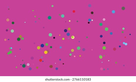 A visually striking digital composition showcasing an array of multicolored circular dots scattered across a solid magenta backdrop. The dots vary in size and hue, creating a lively and dynamic.