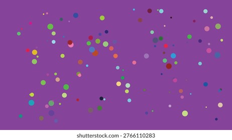 A visually striking digital composition showcasing an array of multicolored dots scattered across a deep purple backdrop. The dots vary in size and hue, creating a lively and dynamic abstract effect.