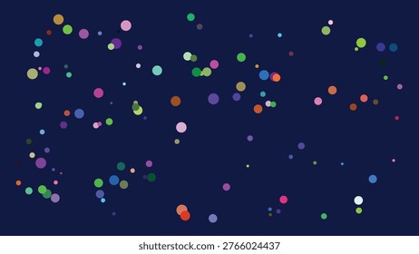 A visually striking digital illustration featuring numerous multicolored dots of varying sizes dispersed across a deep blue, space-like backdrop. The dots exhibit a spectrum of bright hues including.