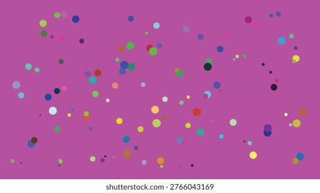 A visually striking digital illustration featuring a dense scattering of multicolored dots in varying sizes against a solid magenta backdrop, creating a lively and abstract composition.