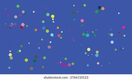 A visually striking digital illustration featuring an array of multicolored circular dots dispersed randomly across a deep blue backdrop, evoking a sense of cosmic space or abstract art. The dots.