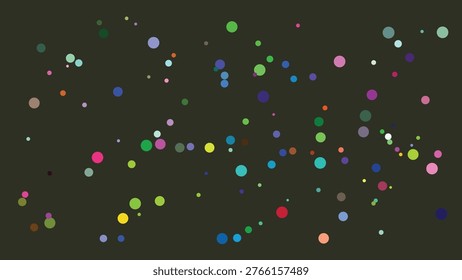 A visually striking digital illustration featuring a dense scattering of multicolored circular dots in varying sizes across a deep black backdrop. The vibrant colors create a dynamic and abstract.