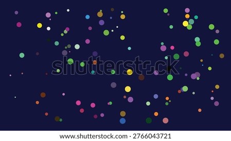 A visually striking digital illustration featuring an array of multicolored dots of varying sizes dispersed across a deep indigo backdrop, evoking a sense of cosmic wonder and abstract artistry. The.