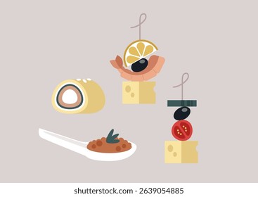 A visually striking display features four exquisite cocktail food options, showcasing vibrant flavors and creative presentations, perfect for parties or casual get-togethers