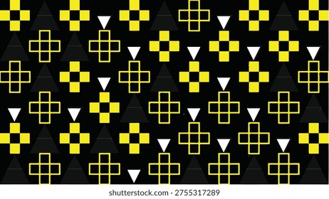 A visually striking geometric pattern featuring yellow and white shapes on a black background, creating a modern and abstract artistic expression.