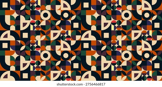 A visually striking geometric pattern featuring a diverse array of colorful shapes, including circles, squares, and abstract forms, arranged in a bold and dynamic composition with a predominantly dark