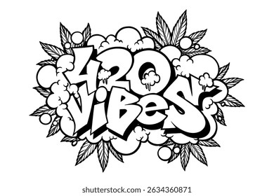  A visually striking graphic captures a vibrant declaration with the message "420 VIBES", incorporating the iconic imagery of cannabis leaves and fluffy cloud.