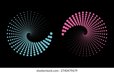 A visually striking graphic design featuring two circular patterns in pink and blue hues on a black background, conveying a sense of dynamic energy and creativity
