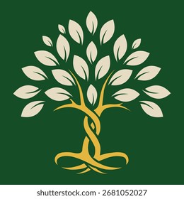A visually striking graphic representation of the tree of life, featuring a golden, intricately twisted trunk and a canopy of pale leaves against a deep green backdrop, symbolizing growth and intercon