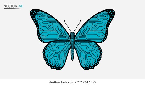 Una ilustración visualmente llamativa con una mariposa con alas diseñada como una placa de circuito integrado. Este gráfico combina perfectamente la belleza de la naturaleza con la tecnología moderna, simbolizando
