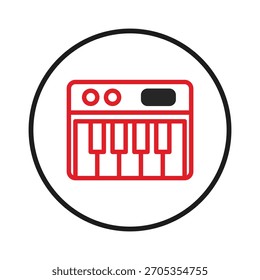 Uma imagem visualmente impressionante com uma rendição estilizada de um instrumento de teclado, renderizada em um contorno vermelho em negrito dentro de um quadro circular, sugerindo um ícone musical para design e conteúdo digital