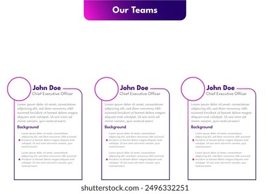 A visually striking and modern team profile template, includes a circular headshot area, a name and title section, vibrant purple at the top to a deep blue at the bottom.